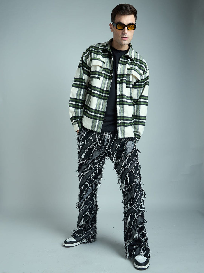 Off White & Olive Checkered Tweed OverShirt Shackets Fugazee
