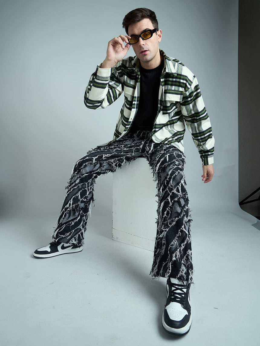 Off White & Olive Checkered Tweed OverShirt Shackets Fugazee