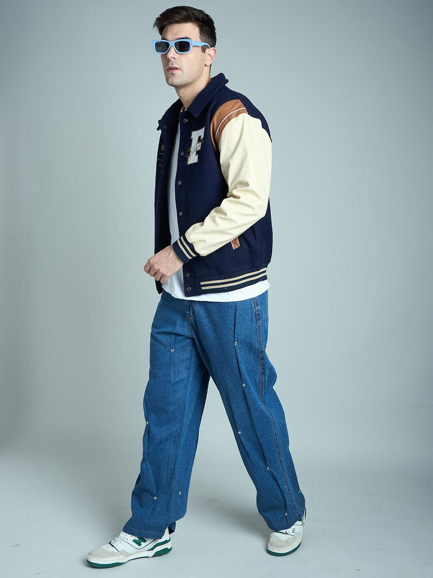 Indigo Pleated Rivets Denim Jeans Fugazee