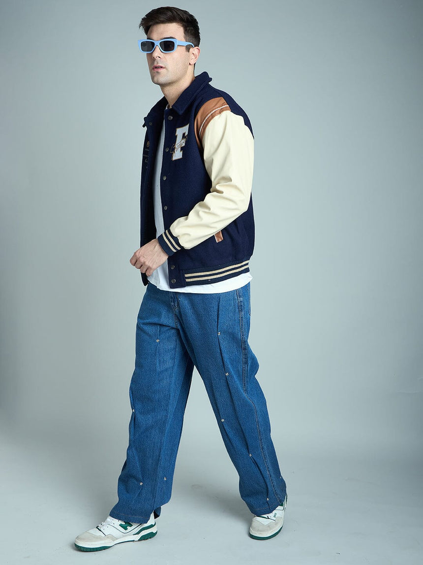 Navy Statement Woollen Varsity Jacket Jackets Fugazee