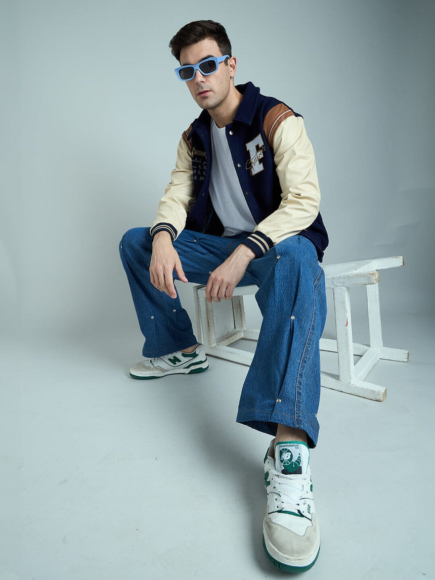 Indigo Pleated Rivets Denim Jeans Fugazee