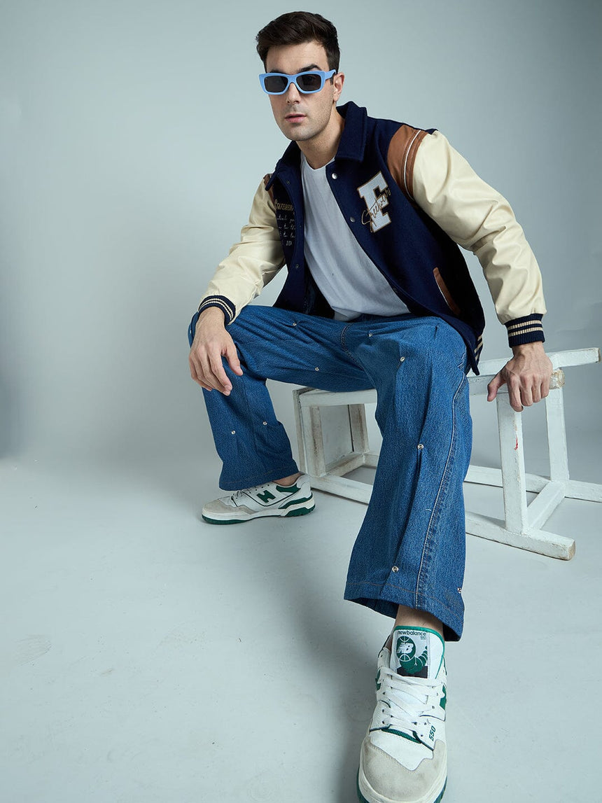 Navy Statement Woollen Varsity Jacket Jackets Fugazee