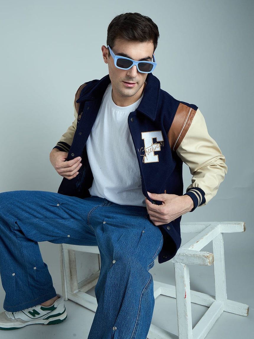 Navy Statement Woollen Varsity Jacket Jackets Fugazee