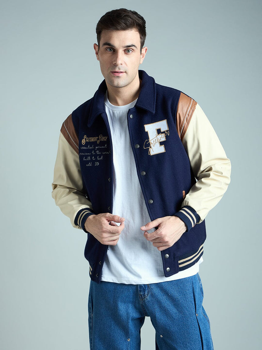 Navy Statement Woollen Varsity Jacket Jackets Fugazee