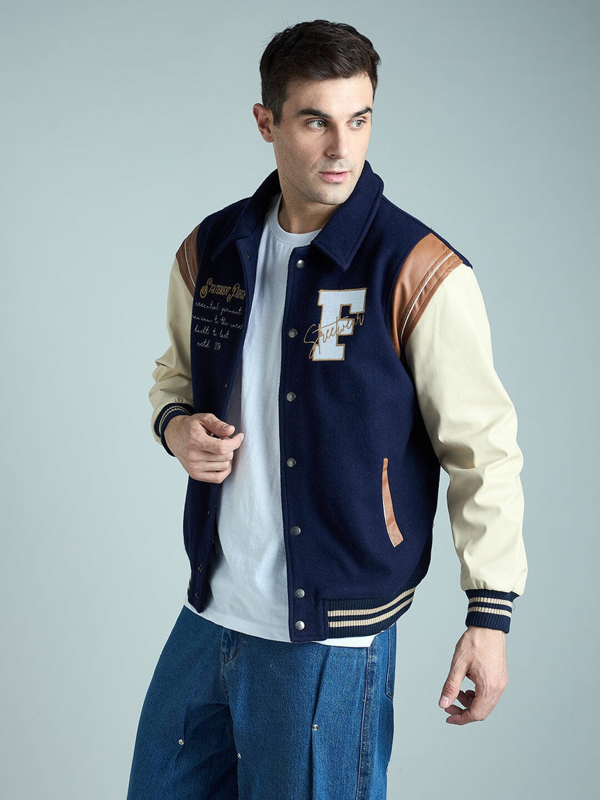 Navy Statement Woollen Varsity Jacket Jackets Fugazee