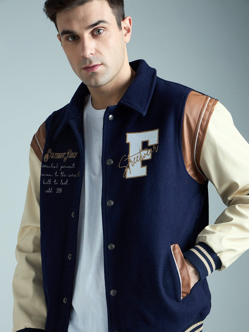 Navy Statement Woollen Varsity Jacket Jackets Fugazee