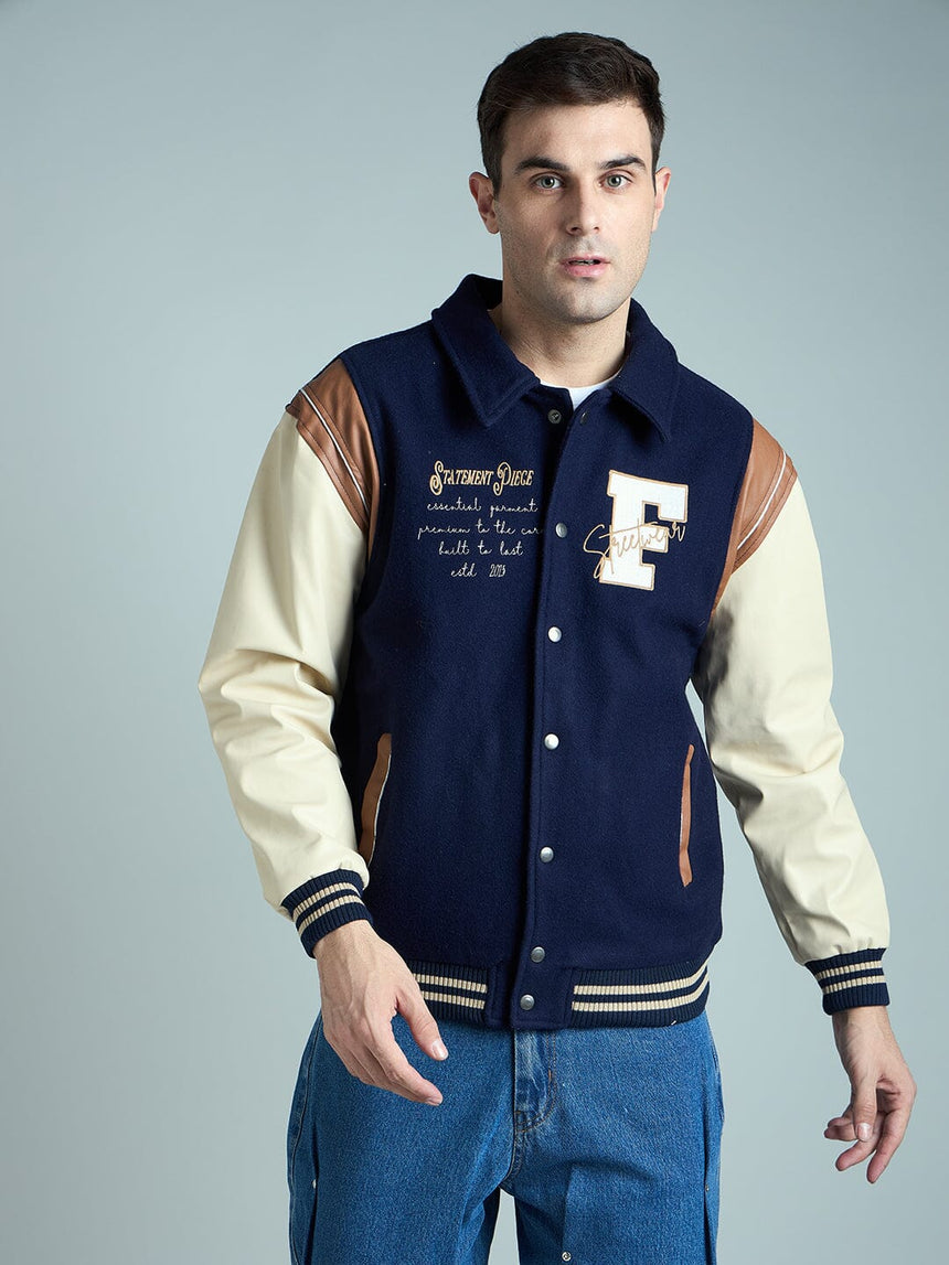 Navy Statement Woollen Varsity Jacket Jackets Fugazee