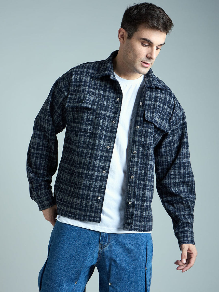 Charcoal & Navy Checkered Tweed OverShirt Shackets Fugazee