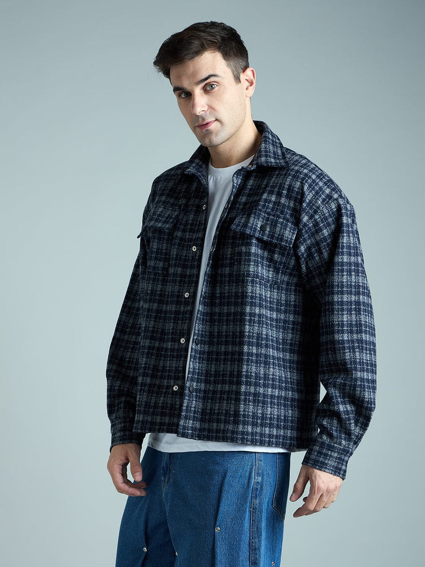 Charcoal & Navy Checkered Tweed OverShirt Shackets Fugazee