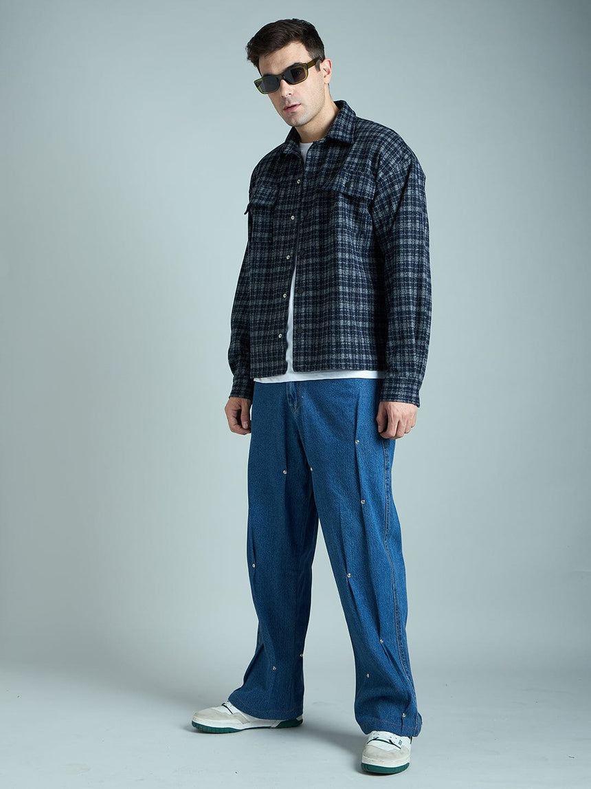Charcoal & Navy Checkered Tweed OverShirt Shackets Fugazee