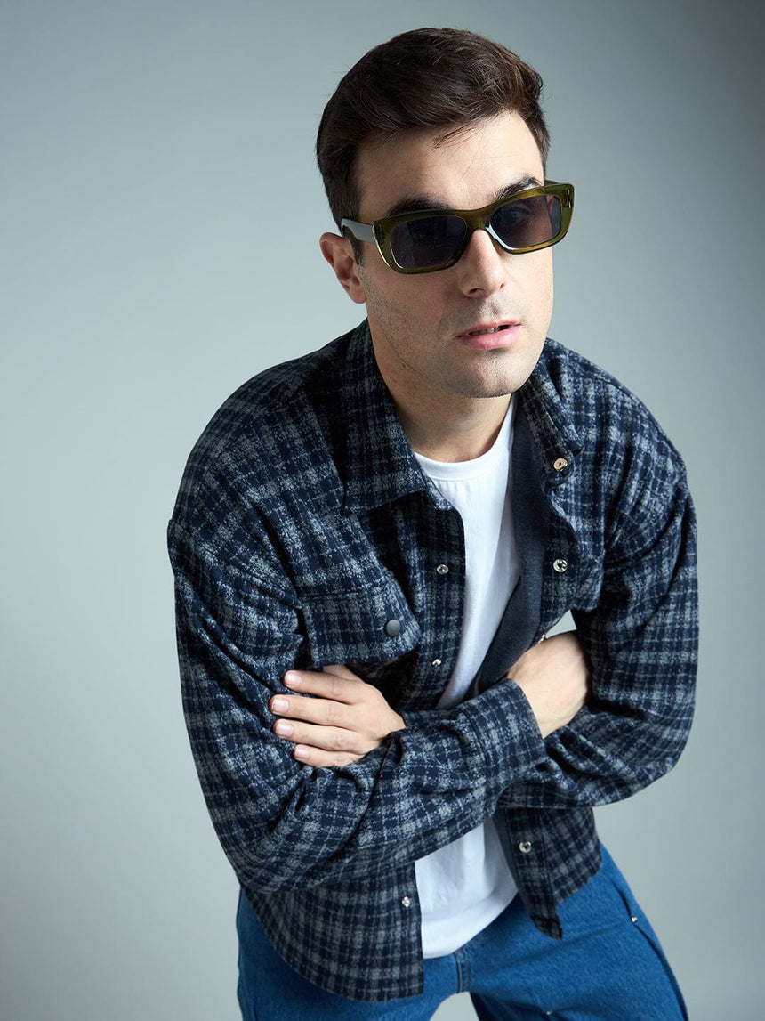 Charcoal & Navy Checkered Tweed OverShirt Shackets Fugazee