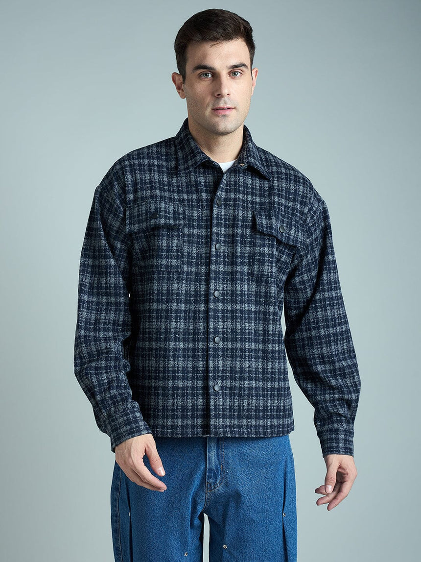 Charcoal & Navy Checkered Tweed OverShirt Shackets Fugazee