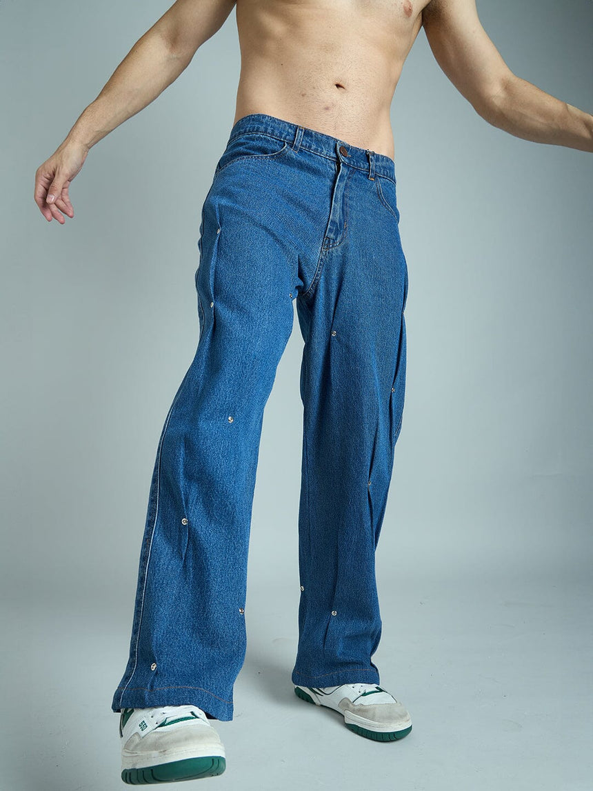 Indigo Pleated Rivets Denim Jeans Fugazee