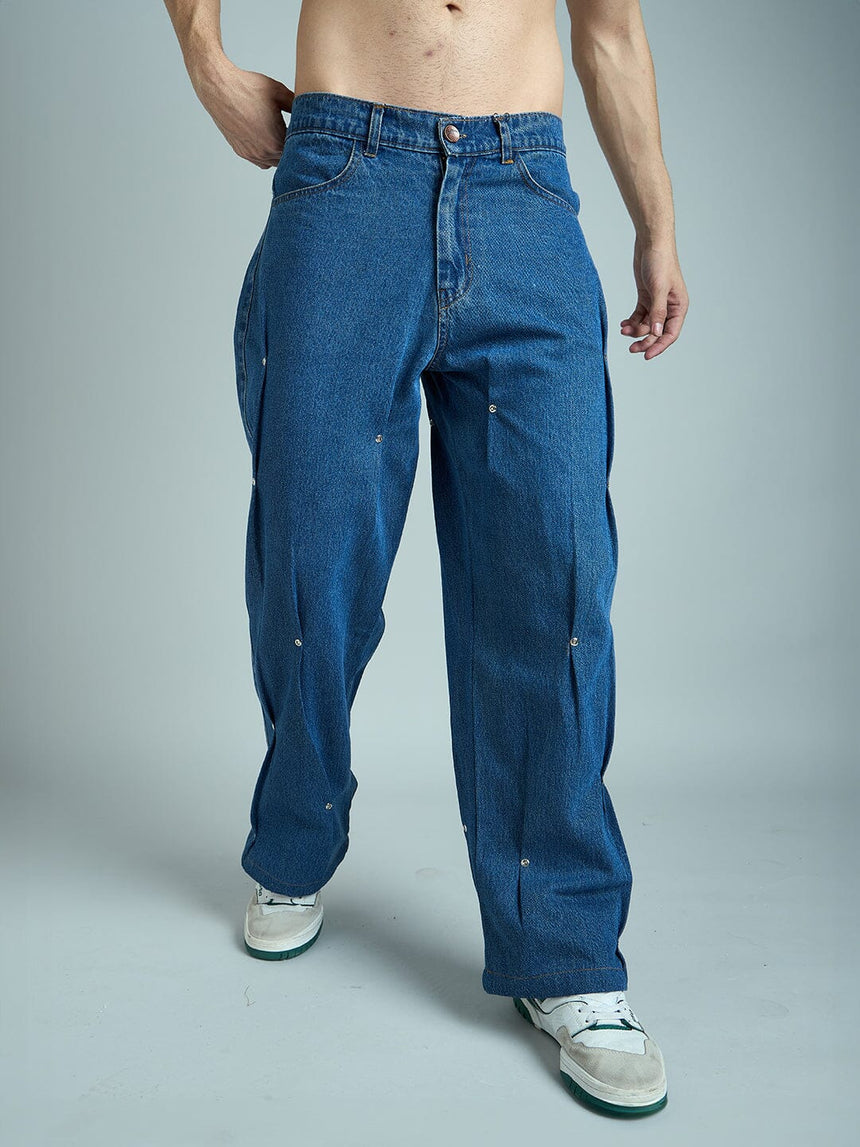 Indigo Pleated Rivets Denim Jeans Fugazee