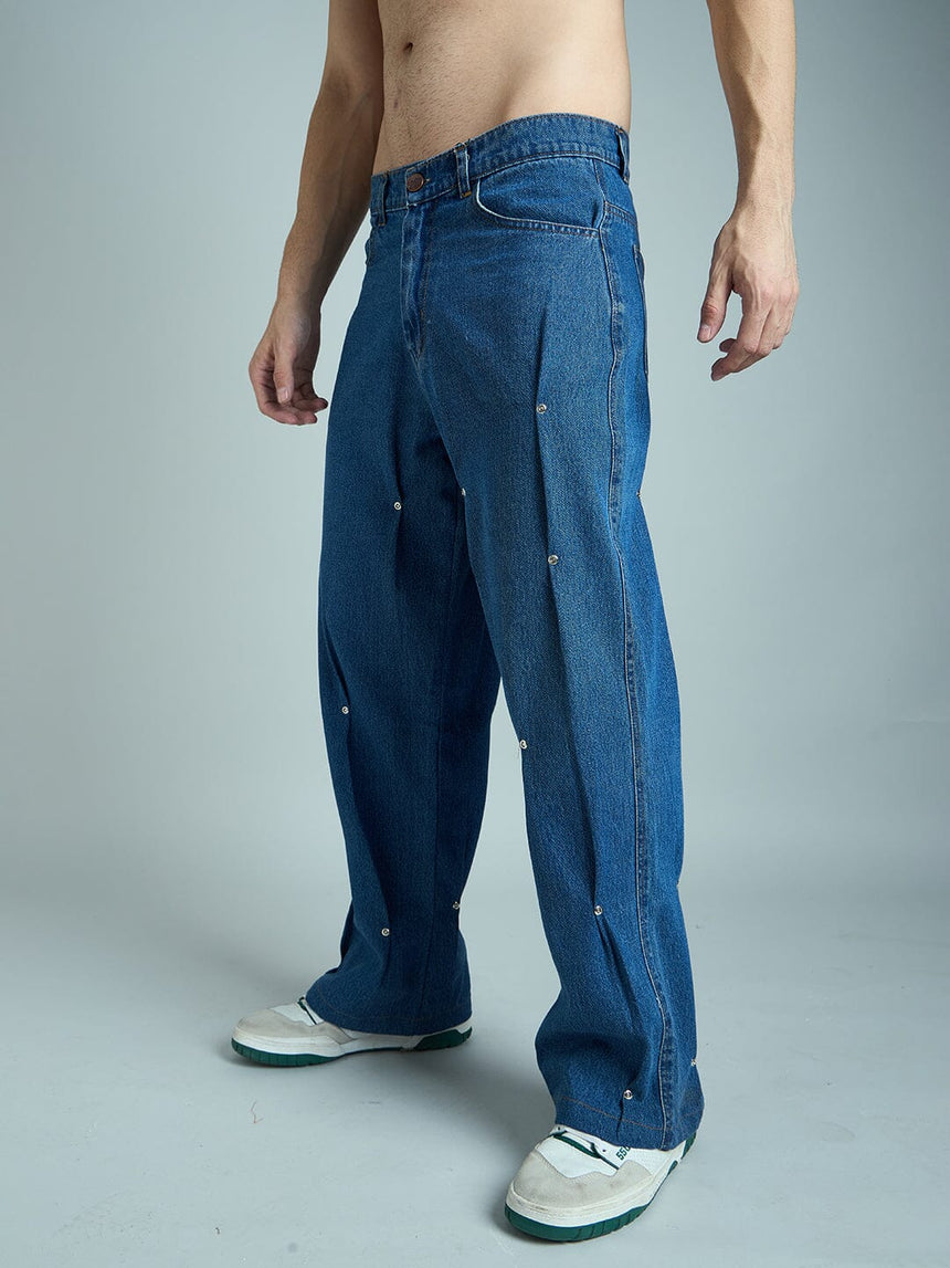 Indigo Pleated Rivets Denim Jeans Fugazee