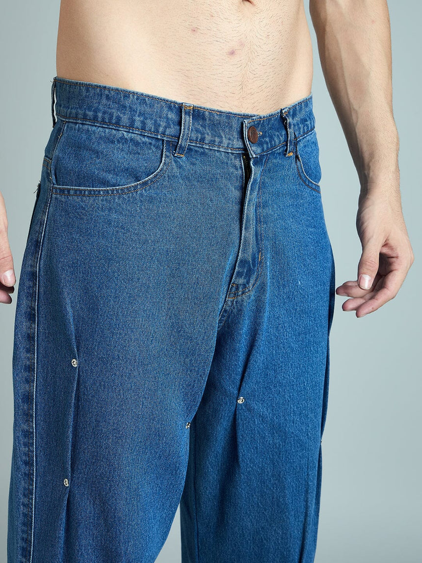 Indigo Pleated Rivets Denim Jeans Fugazee