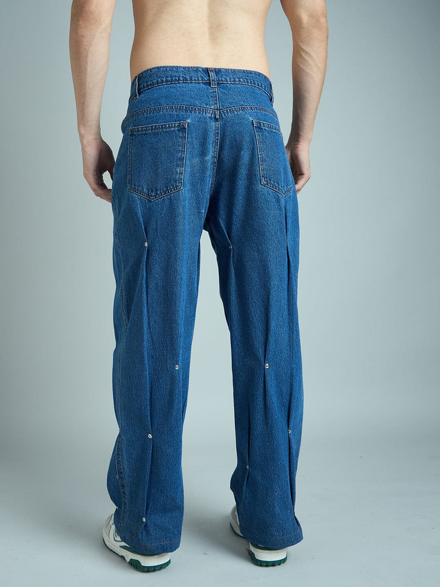 Indigo Pleated Rivets Denim Jeans Fugazee