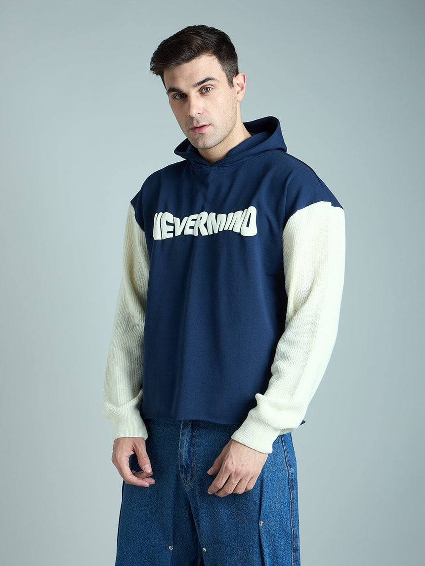 Navy Cropped Hoodie With Knitted Sleeves Sweatshirts Fugazee