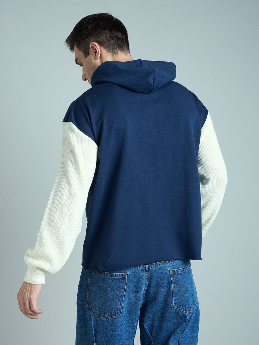Navy Cropped Hoodie With Knitted Sleeves Sweatshirts Fugazee