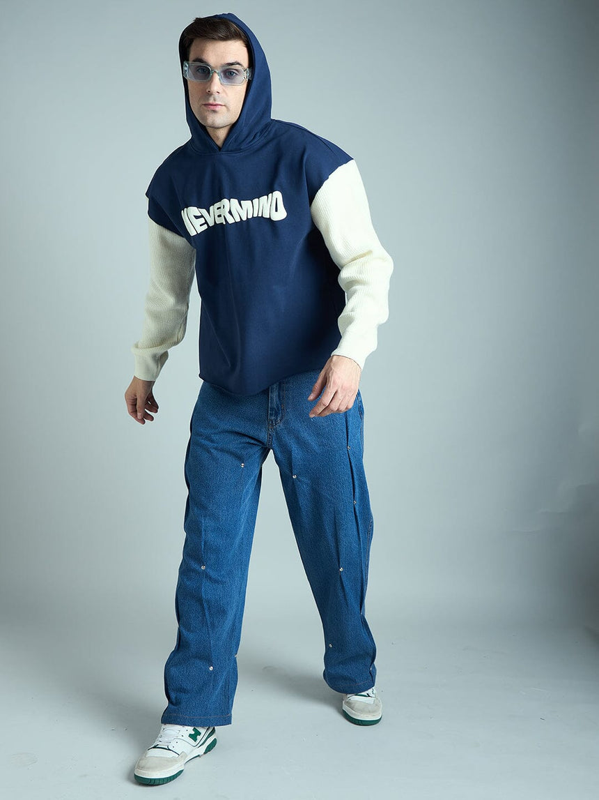 Navy Cropped Hoodie With Knitted Sleeves Sweatshirts Fugazee