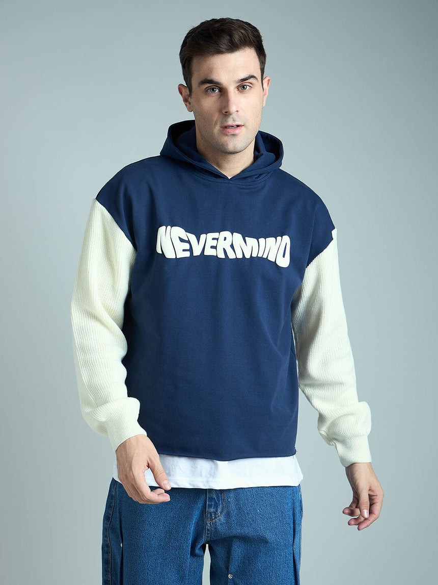 Navy Cropped Hoodie With Knitted Sleeves Sweatshirts Fugazee