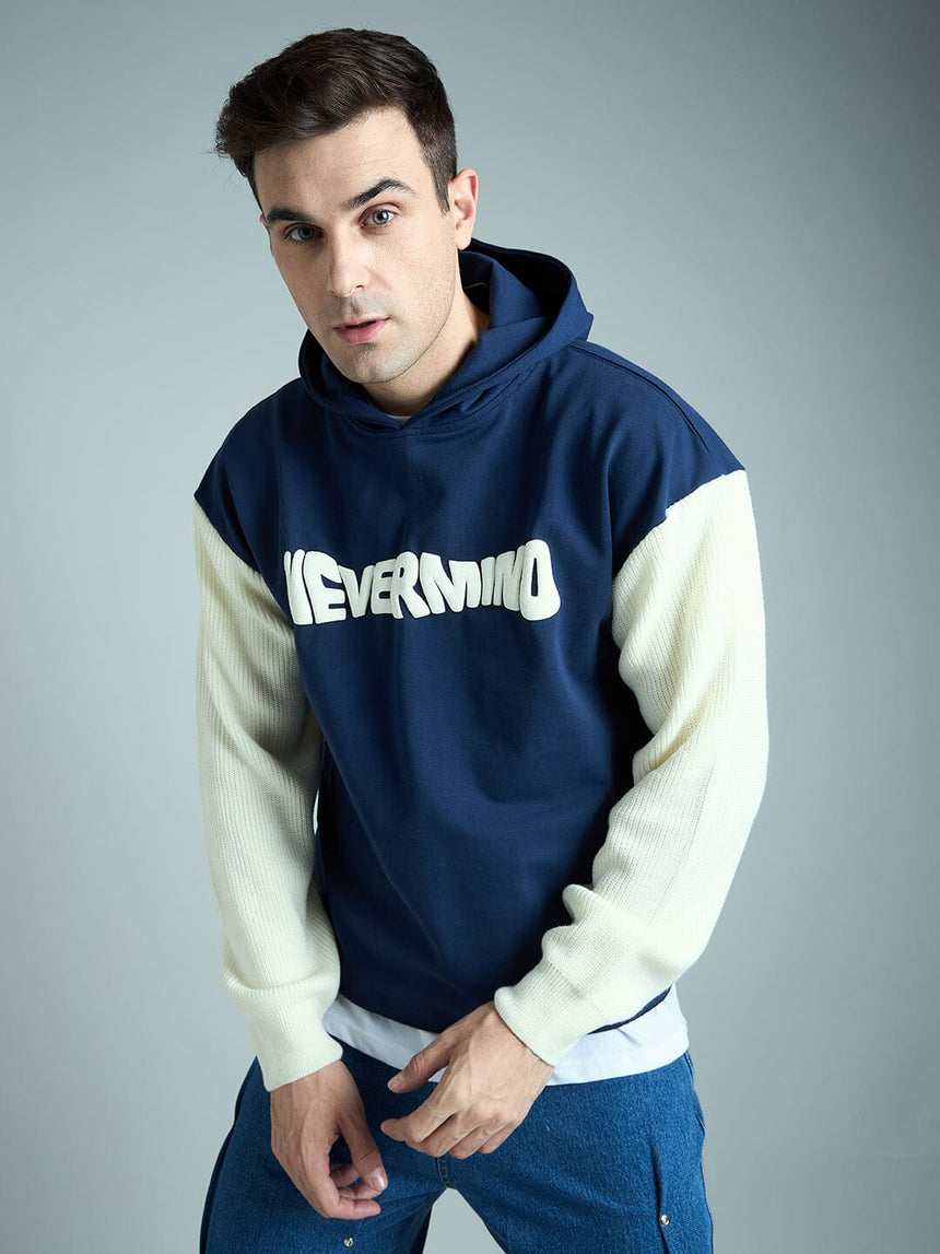 Navy Cropped Hoodie With Knitted Sleeves Sweatshirts Fugazee