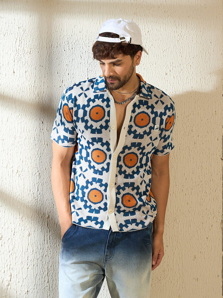 Navy & Orange Symmetrical Graphic Crochet Shirt Shirts Fugazee