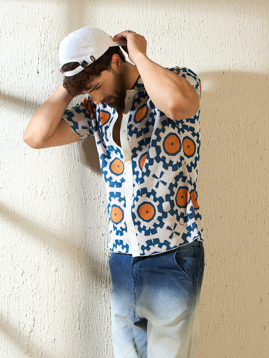 Navy & Orange Symmetrical Graphic Crochet Shirt Shirts Fugazee