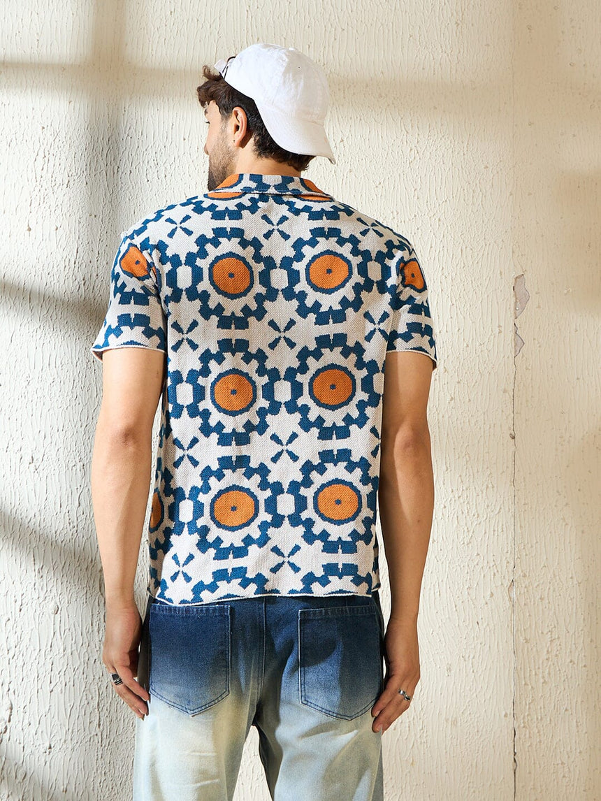 Navy & Orange Symmetrical Graphic Crochet Shirt Shirts Fugazee