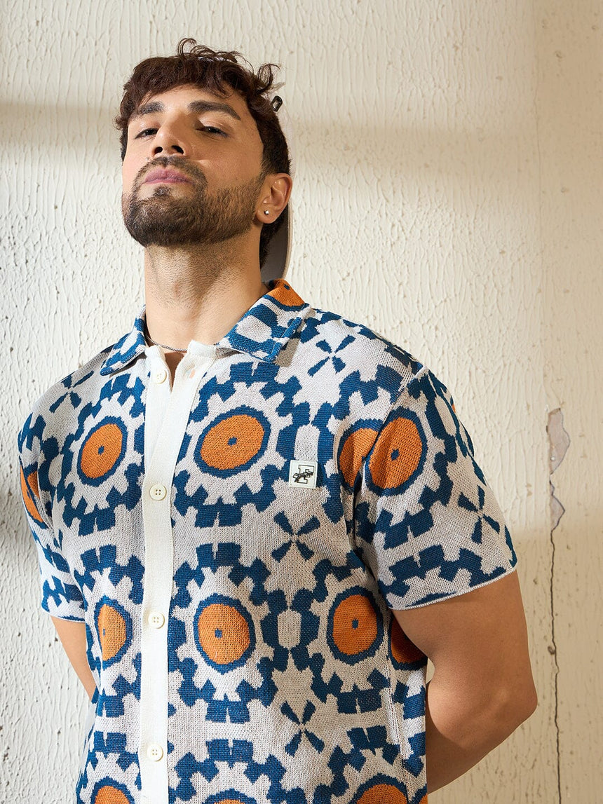 Navy & Orange Symmetrical Graphic Crochet Shirt Shirts Fugazee