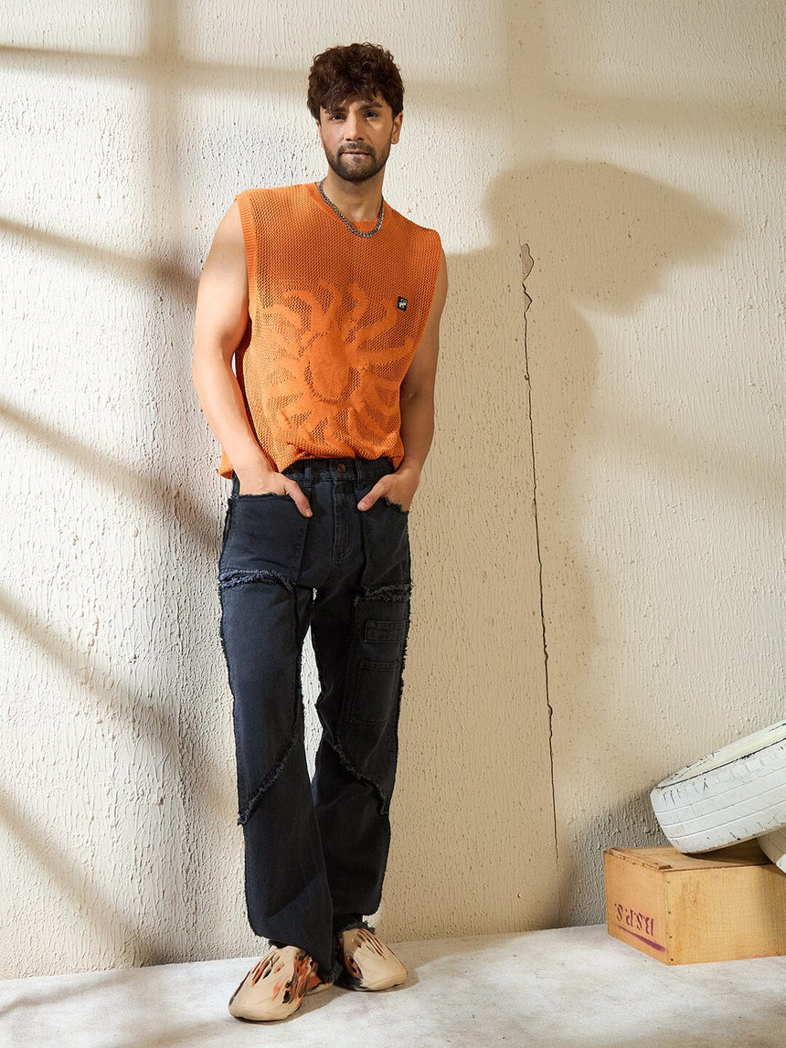 Rust Sun Graphic Crochet Vest T-Shirts Fugazee