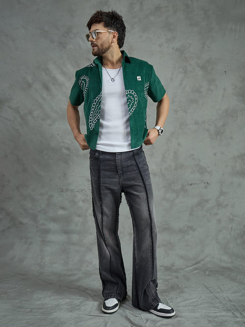 Green Corduroy Cropped Embroidery Shirt With White Vest Shirts Fugazee