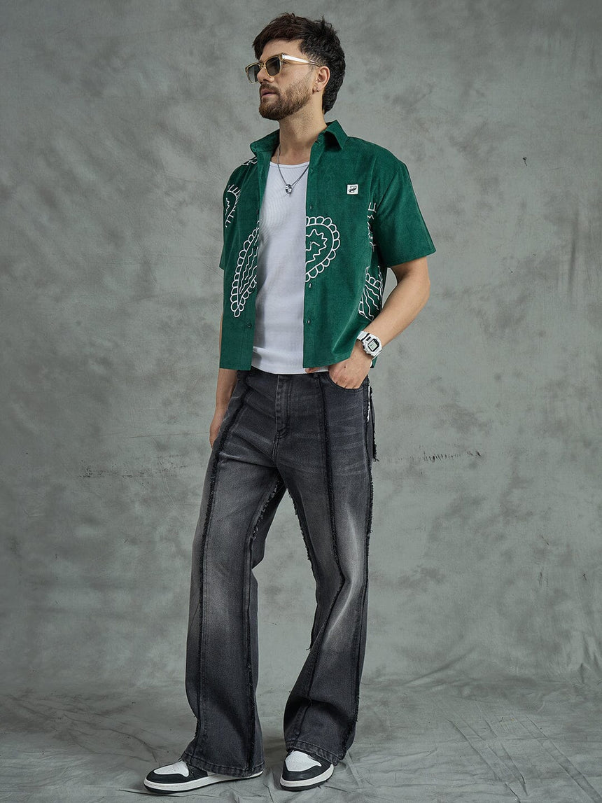 Green Corduroy Cropped Embroidery Shirt With White Vest Shirts Fugazee