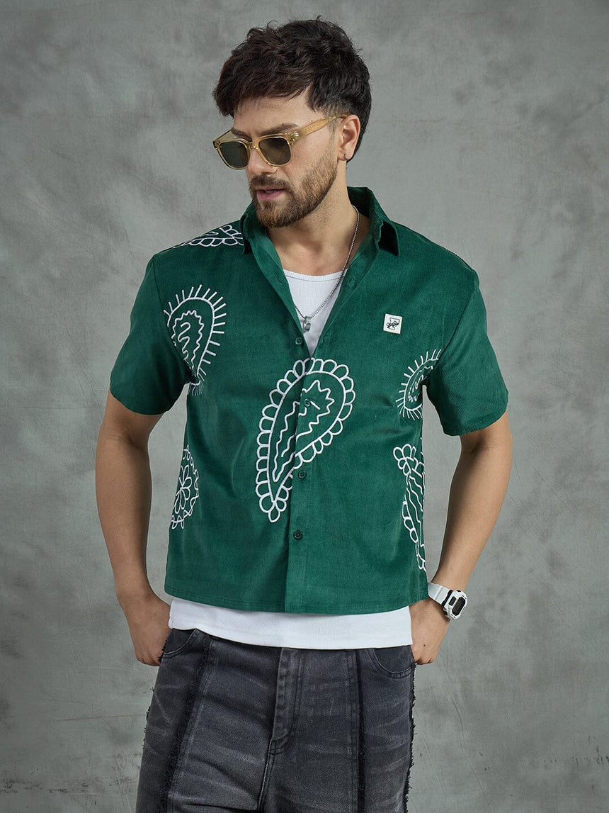 Green Corduroy Cropped Embroidery Shirt With White Vest Shirts Fugazee