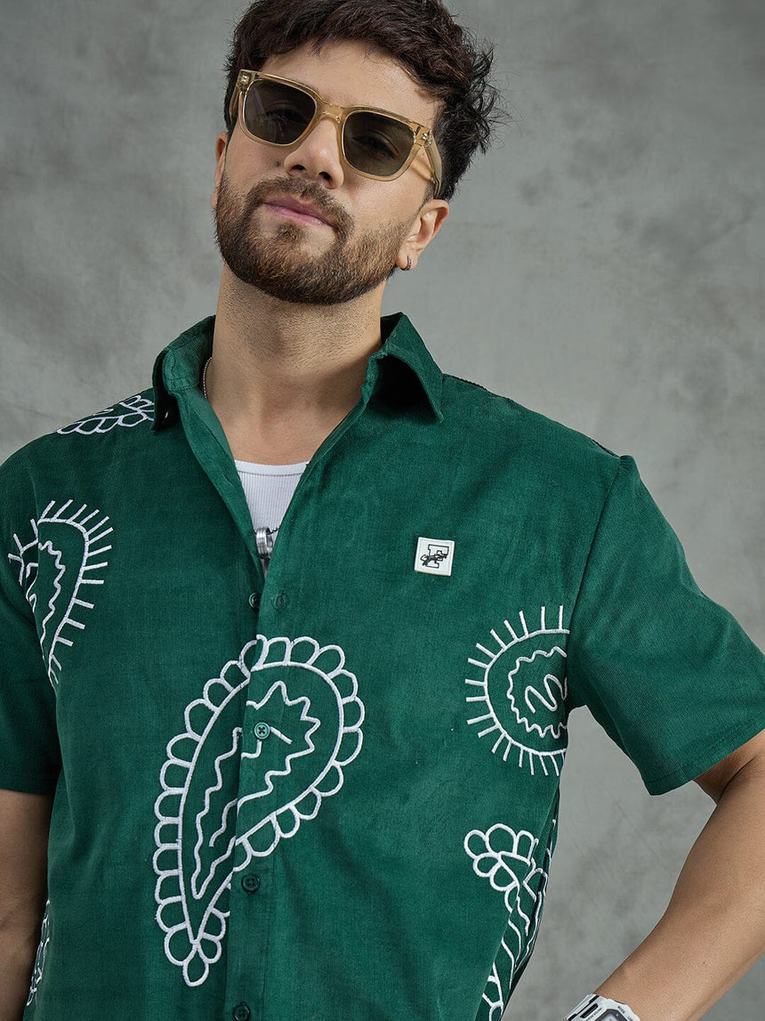 Green Corduroy Cropped Embroidery Shirt With White Vest Shirts Fugazee
