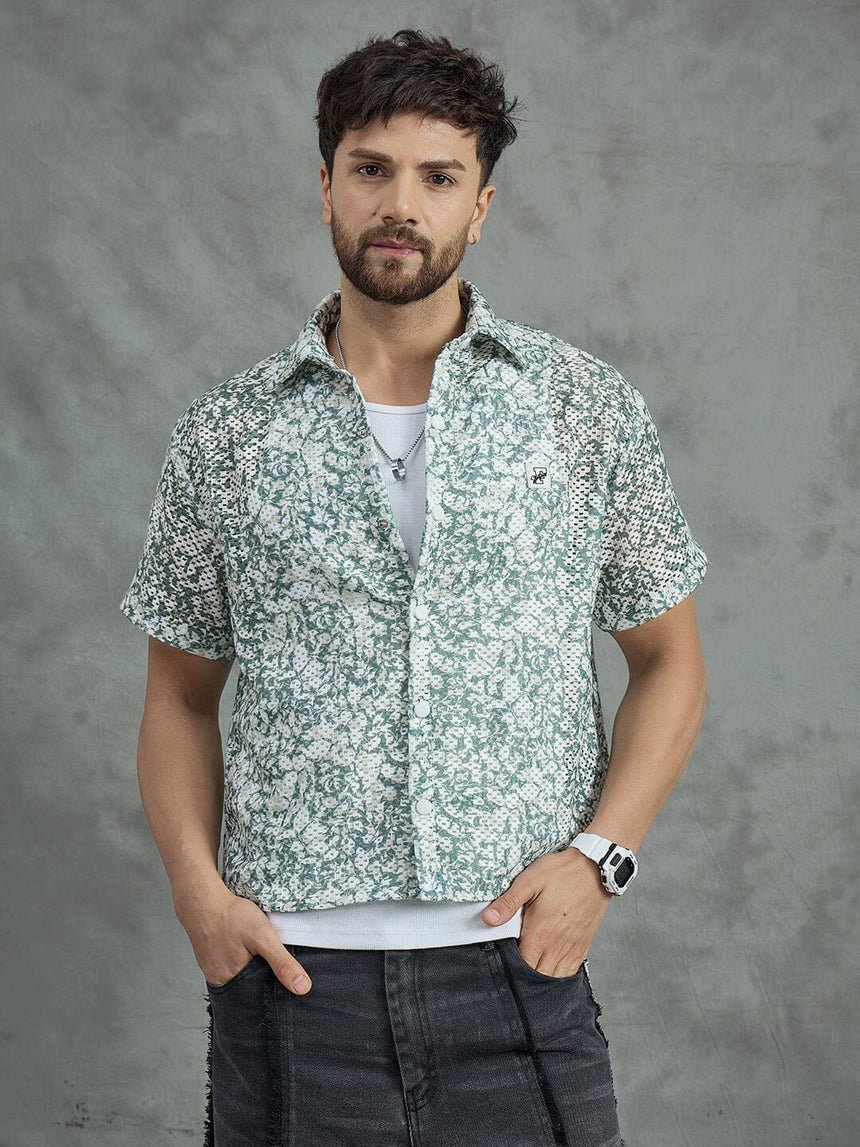 Green Floral Mesh Cropped Shirt With White Vest Shirts Fugazee