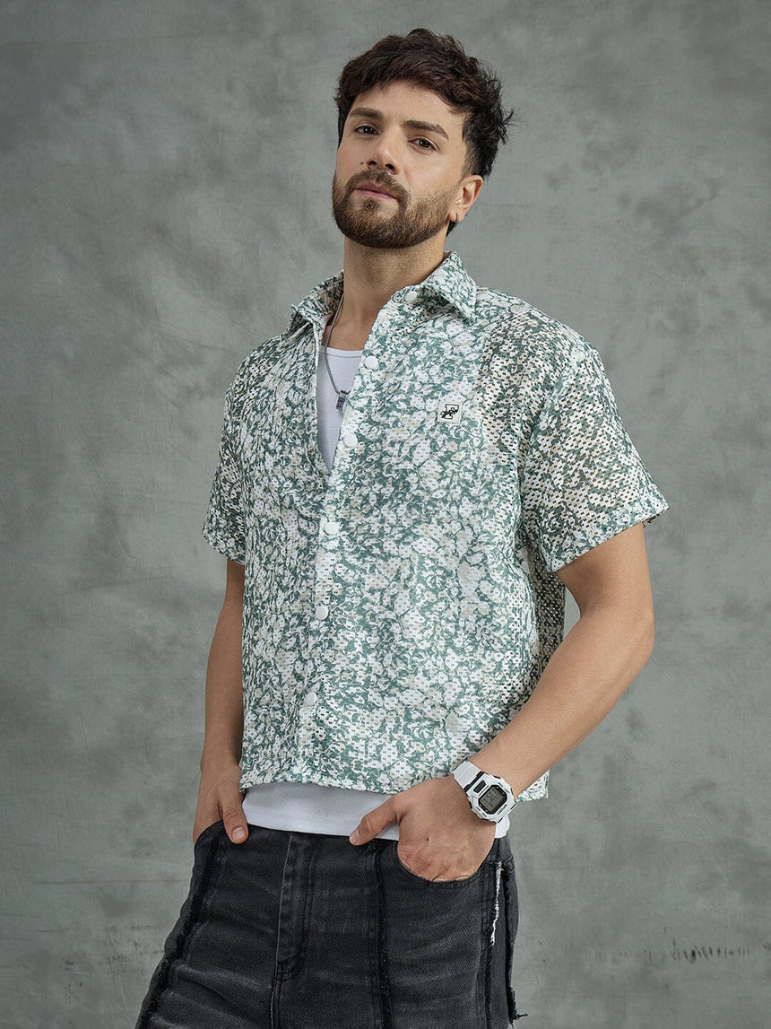 Green Floral Mesh Cropped Shirt With White Vest Shirts Fugazee
