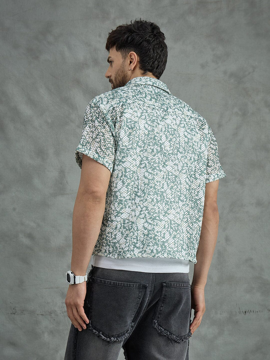 Green Floral Mesh Cropped Shirt With White Vest Shirts Fugazee