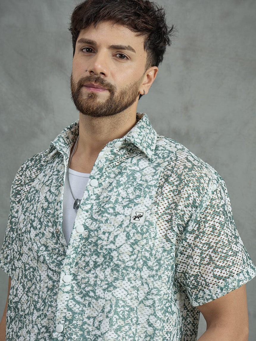 Green Floral Mesh Cropped Shirt With White Vest Shirts Fugazee