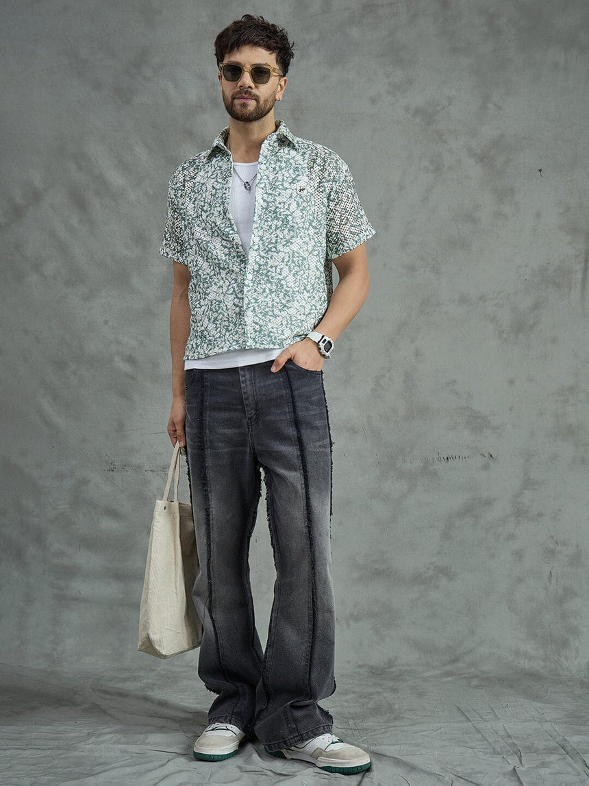 Green Floral Mesh Cropped Shirt With White Vest Shirts Fugazee