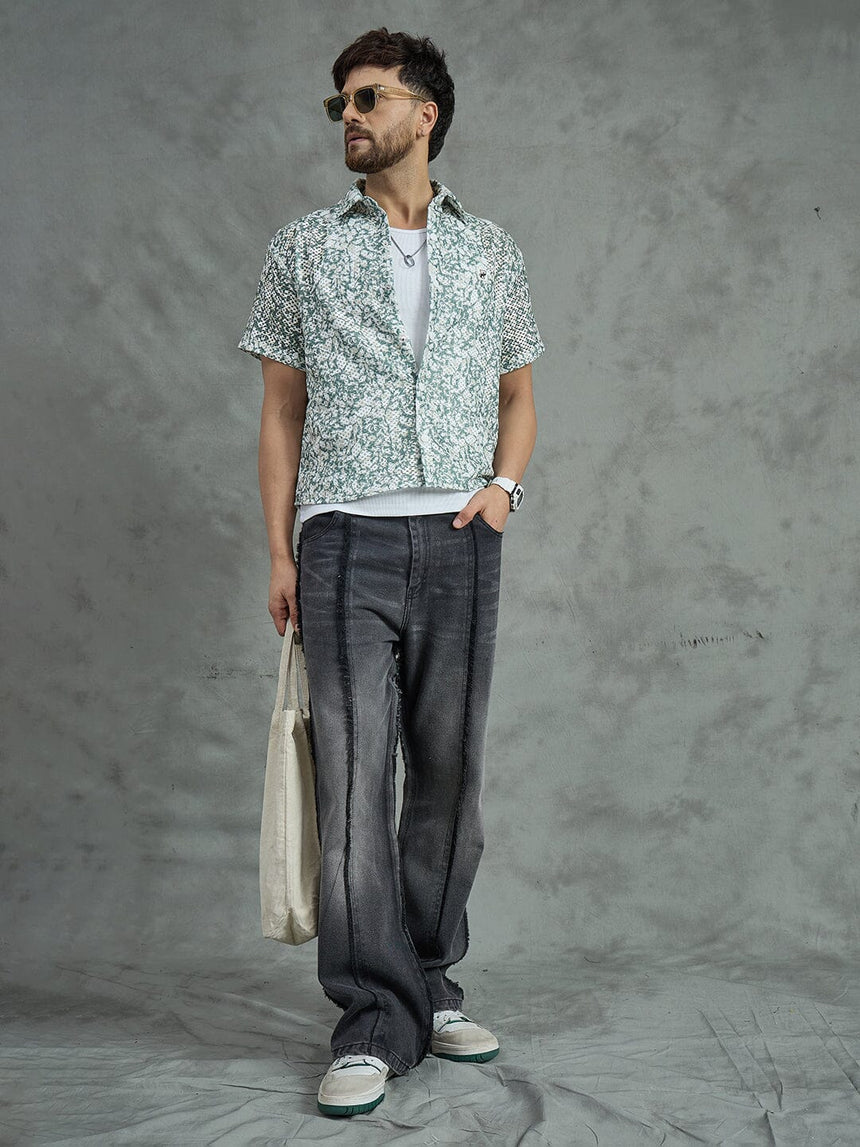 Green Floral Mesh Cropped Shirt With White Vest Shirts Fugazee