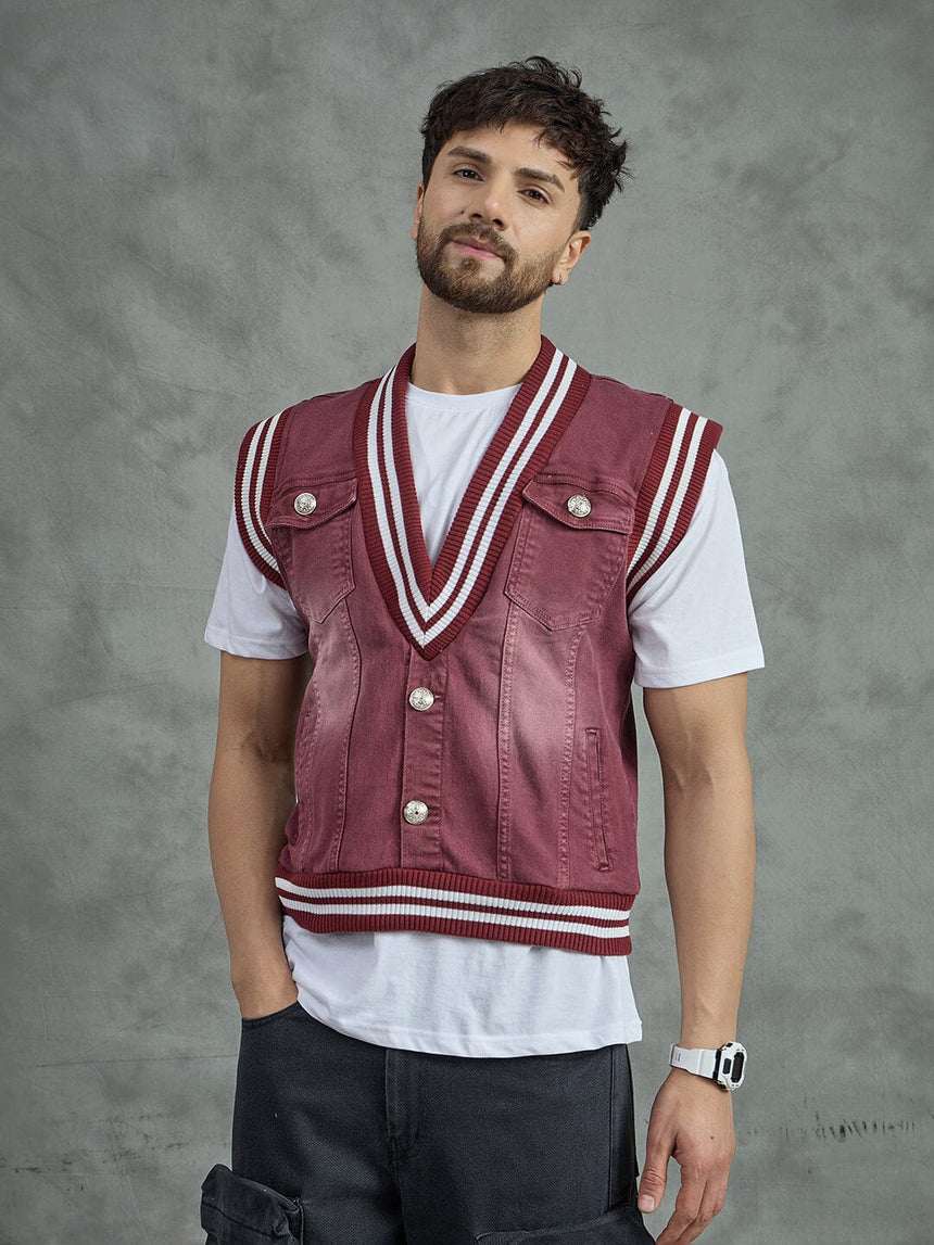 Maroon Tactical Denim Sleeveless Jacket Jackets Fugazee