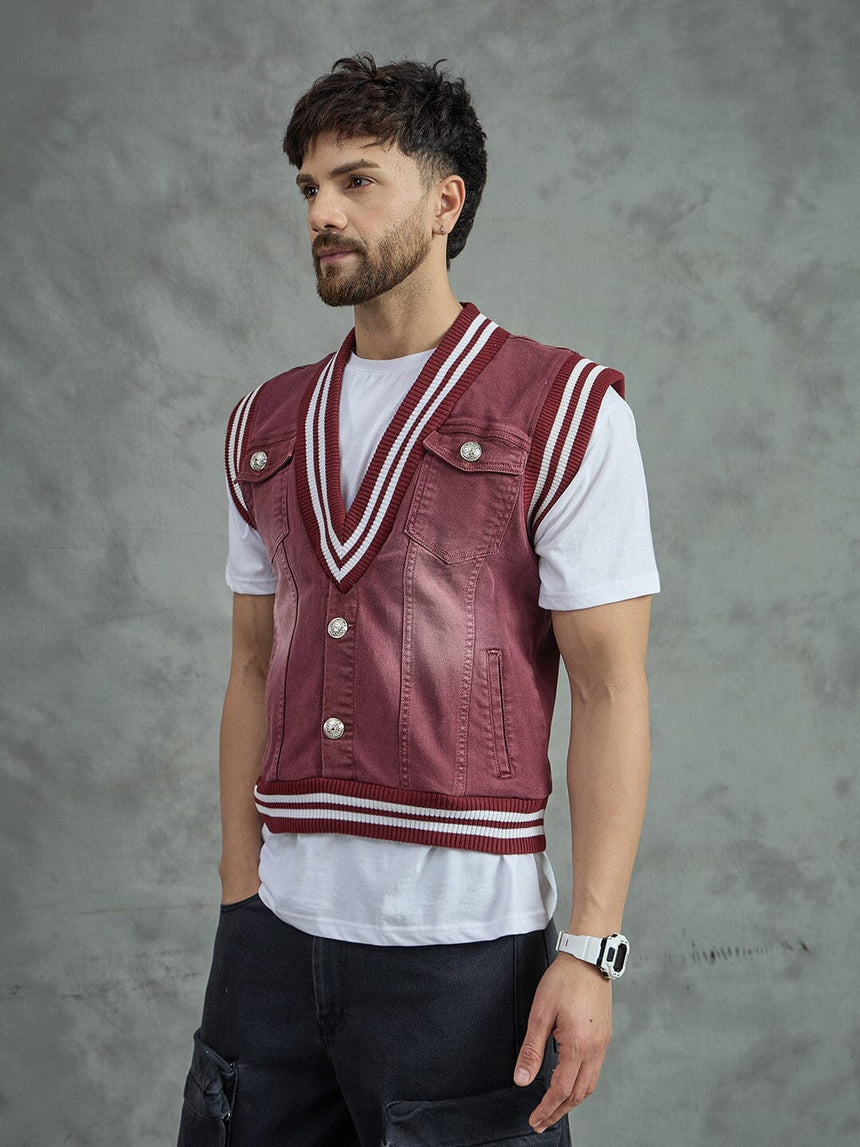 Maroon Tactical Denim Sleeveless Jacket Jackets Fugazee