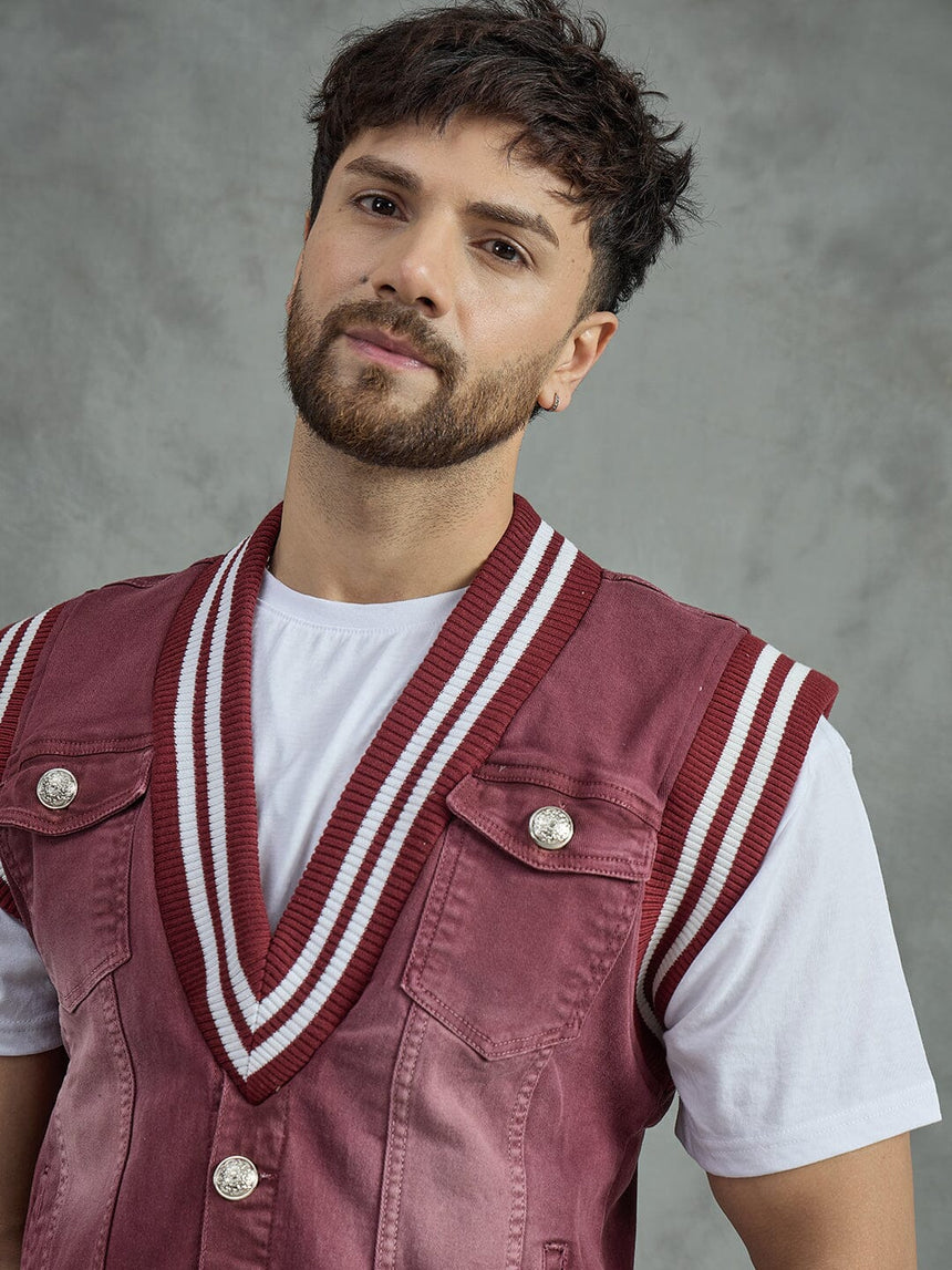 Maroon Tactical Denim Sleeveless Jacket Jackets Fugazee