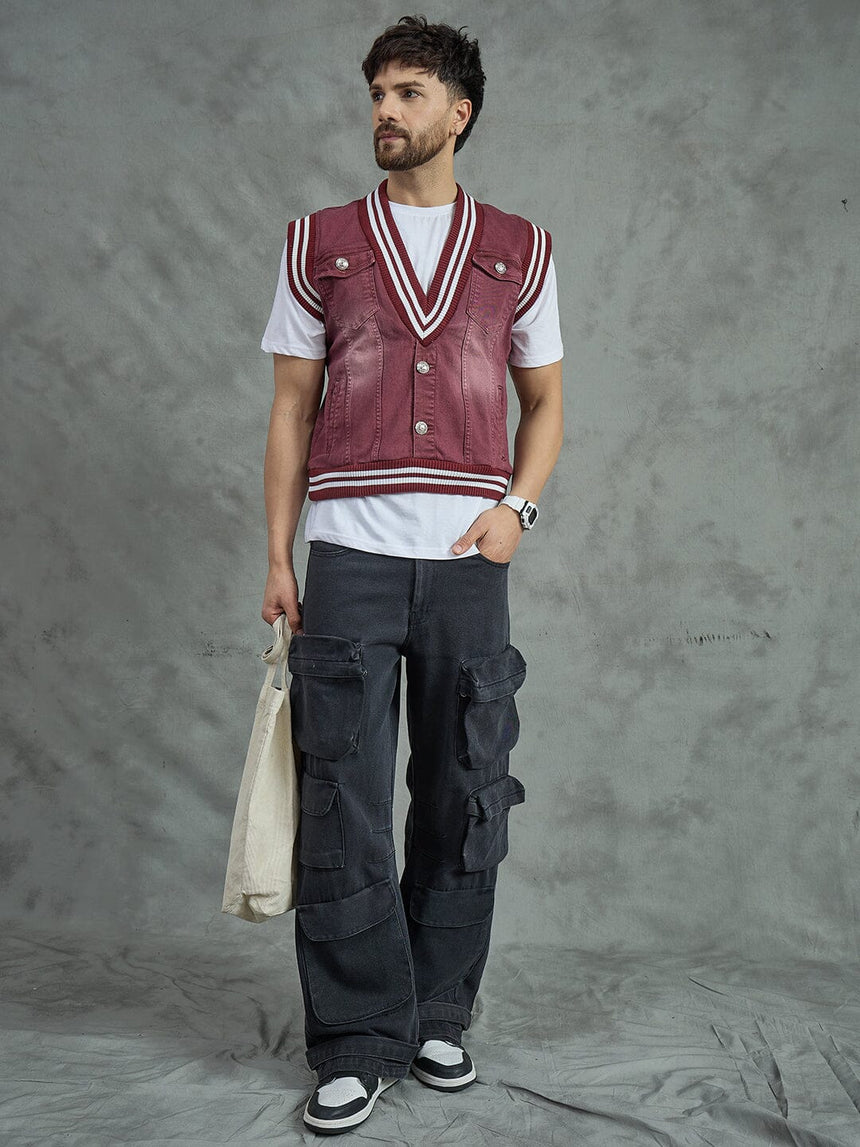 Maroon Tactical Denim Sleeveless Jacket Jackets Fugazee