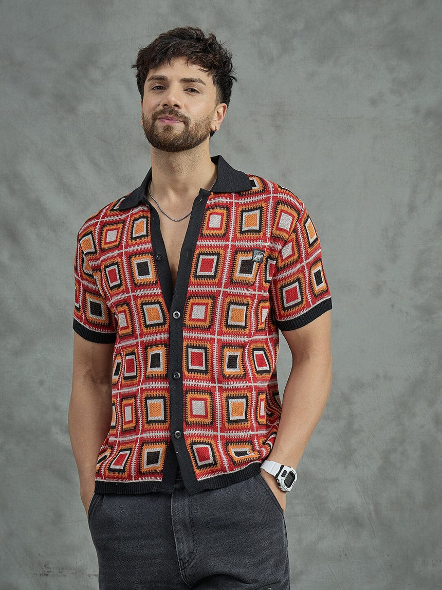 Red Crochet Pattern Knitted Shirt Shirts Fugazee