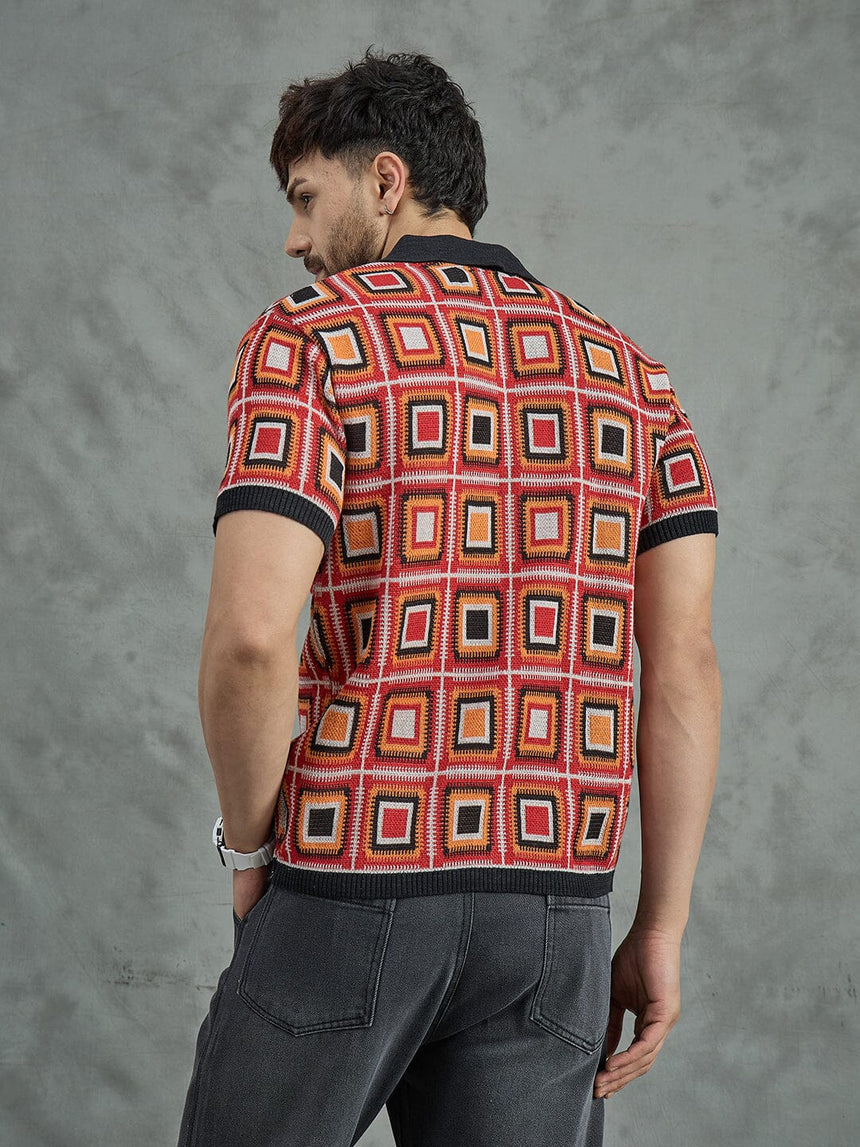 Red Crochet Pattern Knitted Shirt Shirts Fugazee