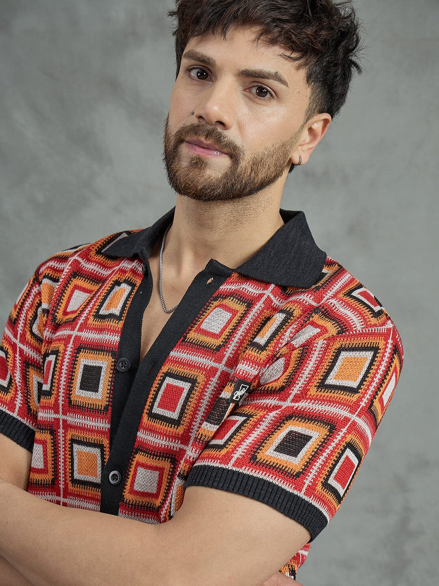 Red Crochet Pattern Knitted Shirt Shirts Fugazee