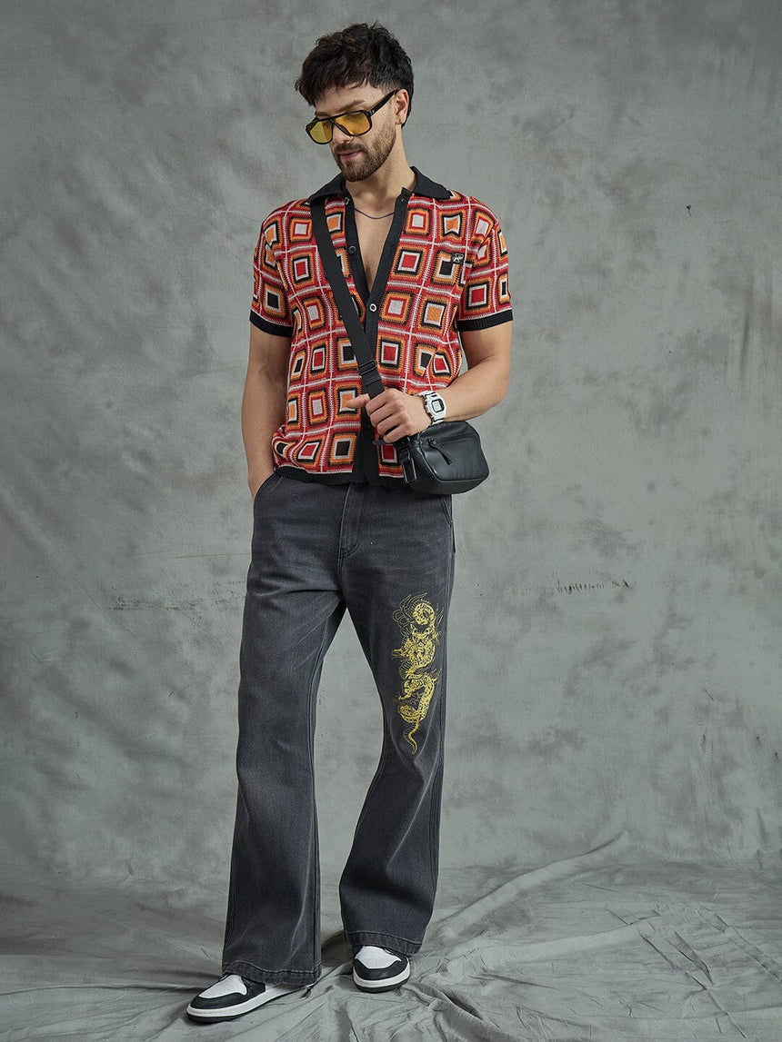 Red Crochet Pattern Knitted Shirt Shirts Fugazee