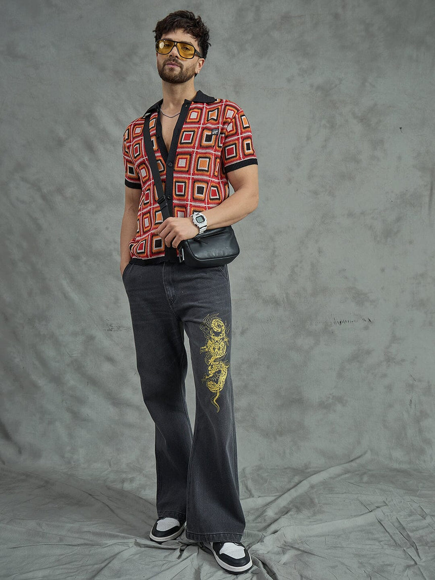 Red Crochet Pattern Knitted Shirt Shirts Fugazee